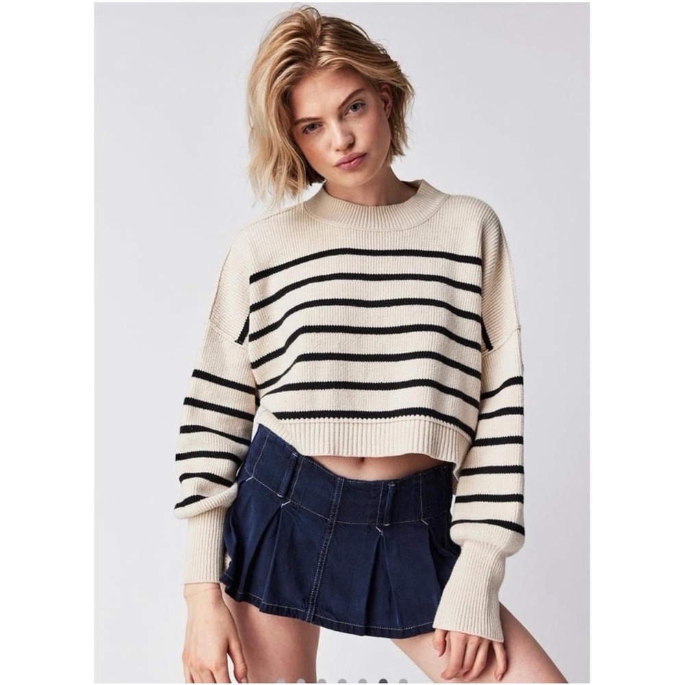 Free People Easy Street Crop Sweater Gray Pearl Combo Black/Ivory Women's Size M